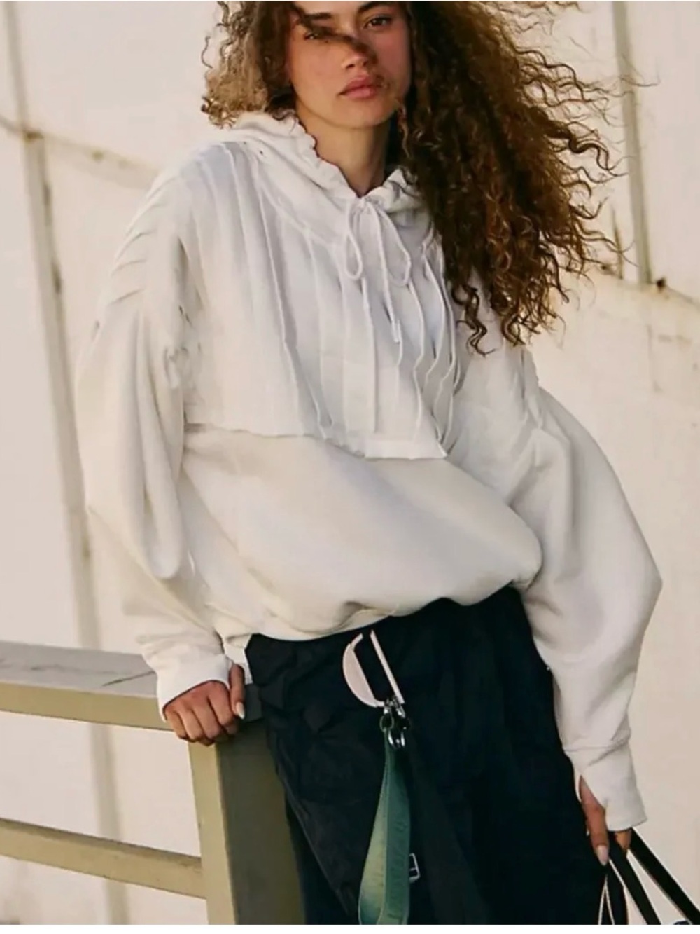 Free People Cream Cropped Overlay Hooded Sweatshirt